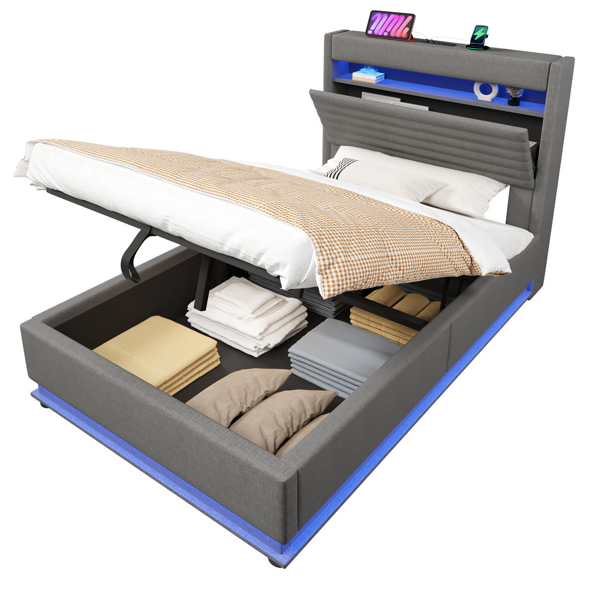 POLSTERBETT 90/200 cm Grau mit USB-Typ-C-Anschluss, LED-Beleuchtung und Ablagefach - Grau, Textil (90/200cm) - Oxeza