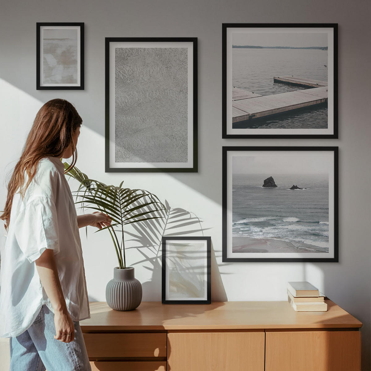 WANDBILDER 5er-Set - 50x50 cm & 20x30 cm & 40x60 cm Schwarzer Rahmen - Abstraktes Design, moderne Texturen - Schwarz, Kunststoff (40/60cm) - ArtPrintCave