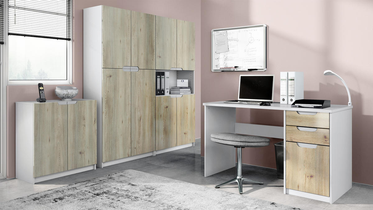 BÜROMÖBELSET Logan Fronten in Eiche Nordic - Silbereichenfarben, Holzwerkstoff (246/185/60cm) - Vladon