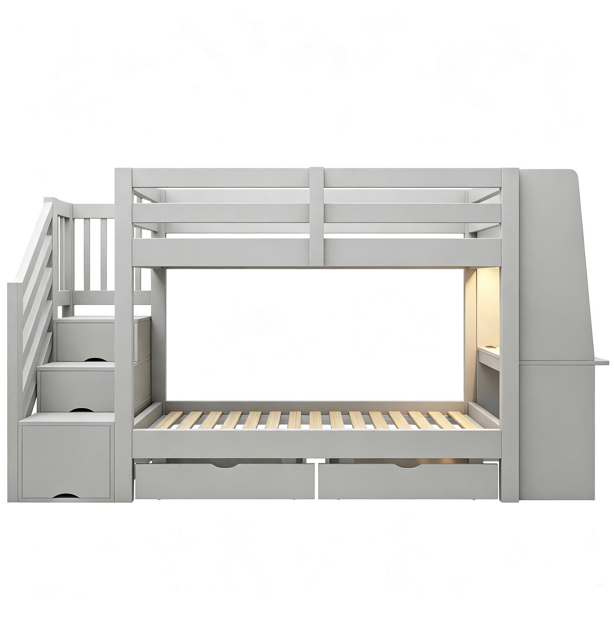 ETAGENBETT aus Holz 90x200 cm Grau mit Stauraumtreppe, Schreibtisch, LED und Steckdose - Grau, Holz (90/200cm) - Modfu