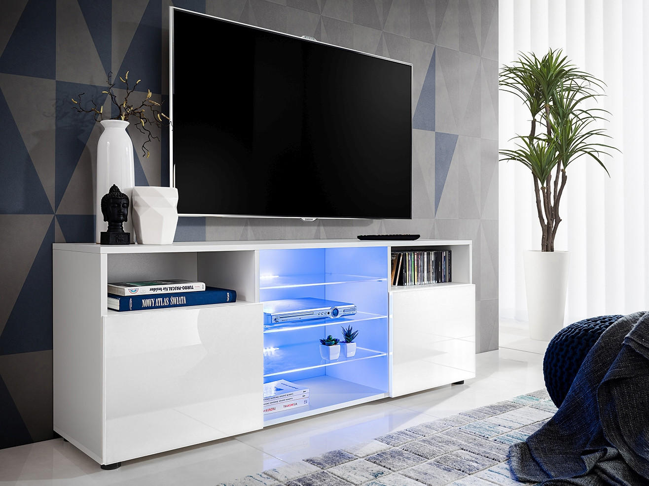 SIDEBOARD TV URBINO Weiß, Blau LED Beleuchtung - Weiß, Glas/Holzwerkstoff (140/53/35cm) - Komodee