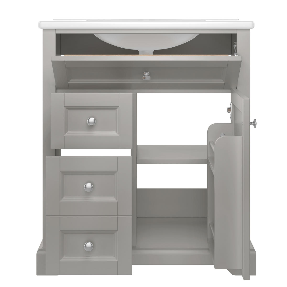 WASCHTISCHKOMBI 76/46/87 cm Grau mit ausklappbare Schublade und 2 Schubladen, ohne Wasserhahn - Edelstahlfarben/Grau, Holz/Holzwerkstoff (46/87/76cm) - Oxeza