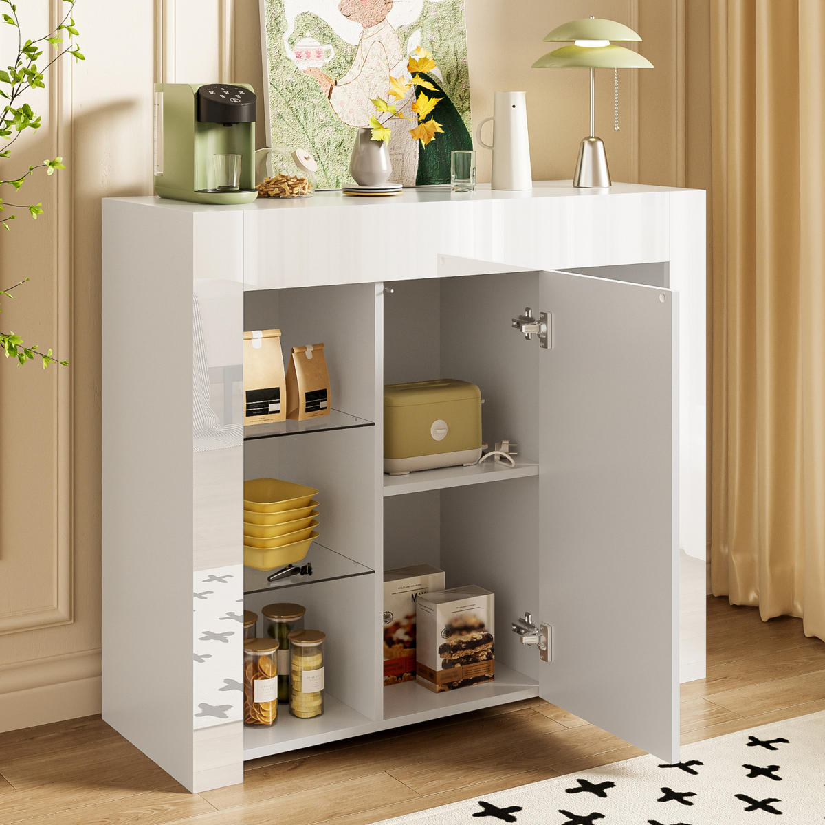 SIDEBOARD Weiß, Hochglanzfront, Glasregale, kompakter Stauraum - Weiß, Holz (95/83/35cm)