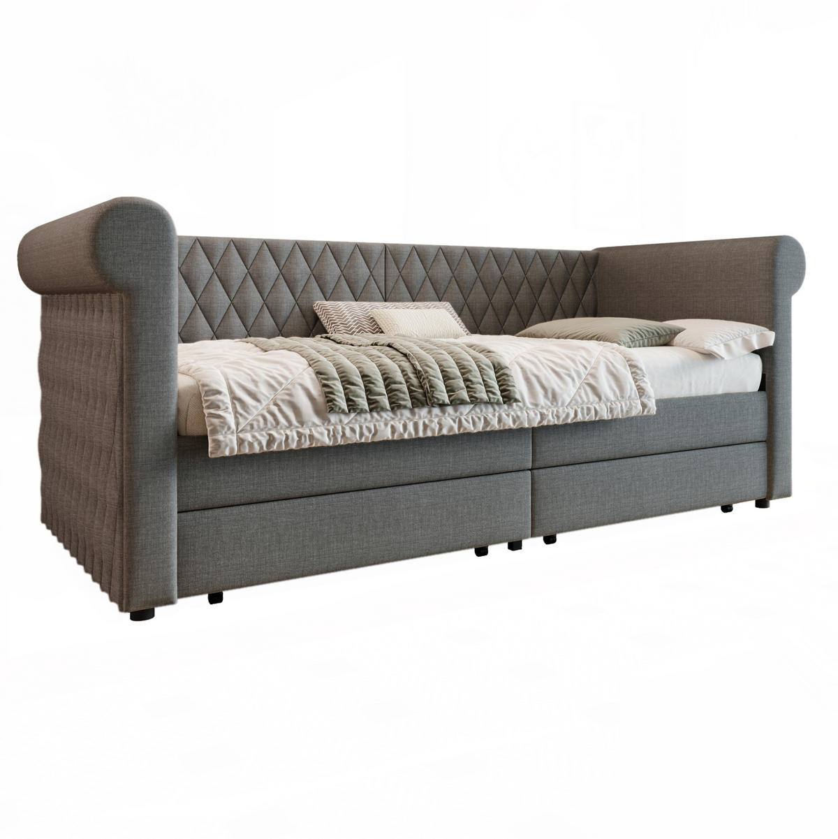 BETT Vintage Kopfteil mit 2 Schubladen Grau Leinen 90/200 cm - Grau, Textil (90/200cm) - OKWISH