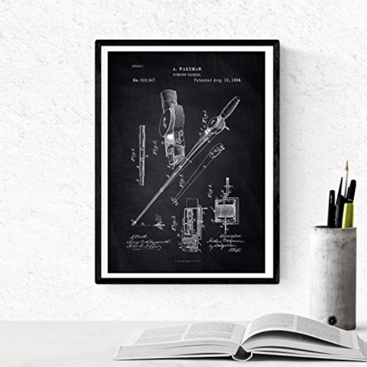 POSTER Set mit 4 Schwarz PATENT FISCHEN A4 Schwarzer Rahmen - Schwarz, Papier (29.7/3cm) - Nacnic