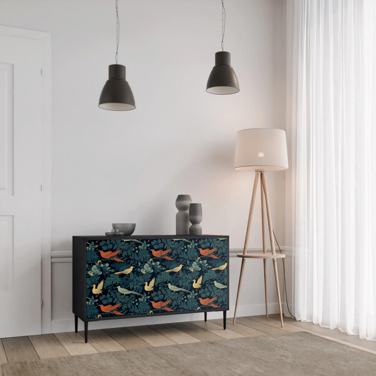SIDEBOARD FOWL ORNAMENT, Eicheneffekt, 111x42x77,5 cm, 2 Türen - Eichefarben/Buchefarben, Holzwerkstoff/Buchenholz (111/77.5/42cm) - SpaceRebels