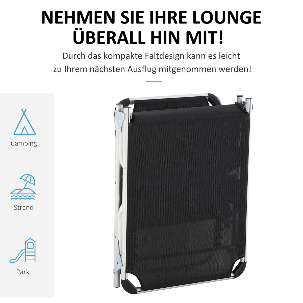 SONNENLIEGE DE-07647 4-stufig verstellbar, faltbar, mit Kopfkissen Schwarz - Schwarz, Metall (60/76/165cm) - ComfortXL