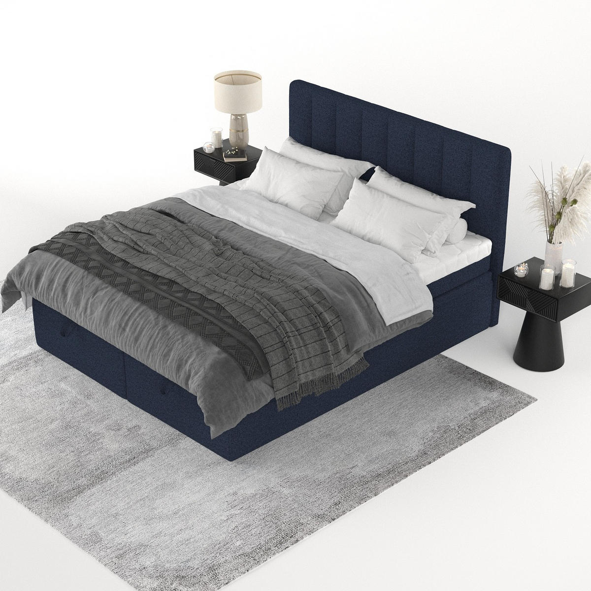 BOXBETT Lume 200/200 cm Marineblau im Riva Stoff - Schwarz/Dunkelblau, Holz/Holzwerkstoff (200/200cm) - AltaBeds