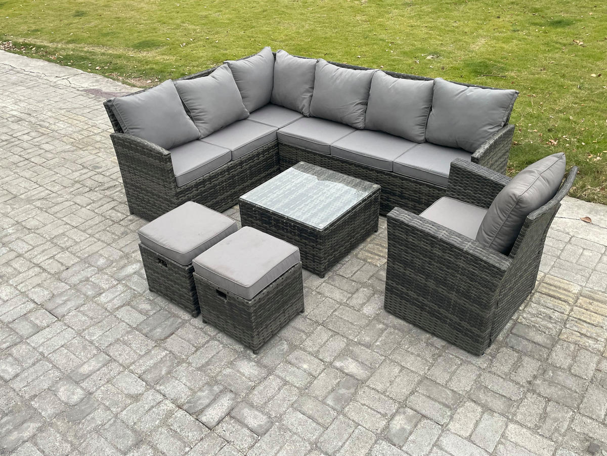 GARTENGARNITUR mit Ecksof,Couchtisch Polyrattan Dunkelgrau 9-Sitzer - Dunkelgrau/Grau, Glas/Kunststoff - Fimous