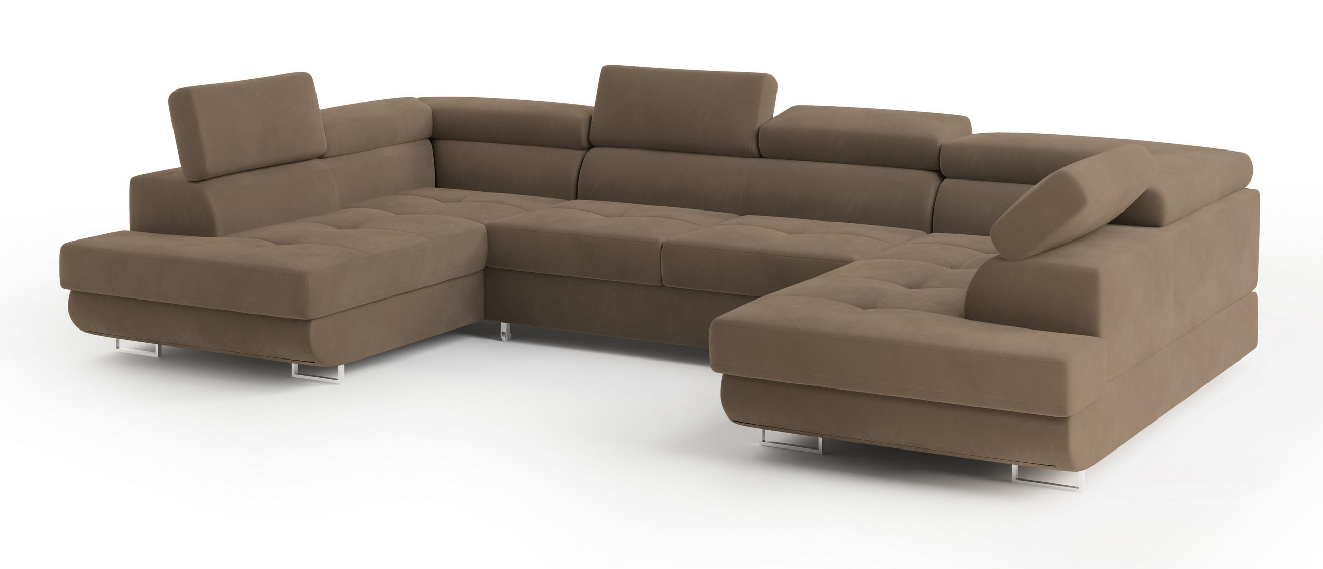 WOHNLANDSCHAFT RAGGIO Beige Velours-Stoff mit Schlaffunktion - Beige, Holz (336/90/202cm) - MASSENO