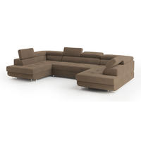 WOHNLANDSCHAFT RAGGIO Beige Velours-Stoff mit Schlaffunktion - Beige, Holz (336/90/202cm) - MASSENO