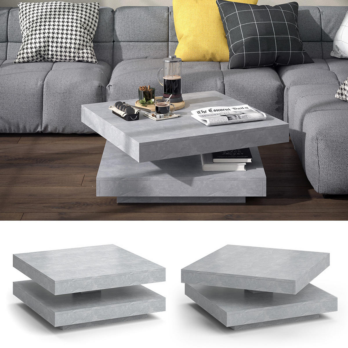 COUCHTISCH Elias Beton 70 x 70 cm - Schieferfarben, Holzwerkstoff (70/70/34cm) - Vicco