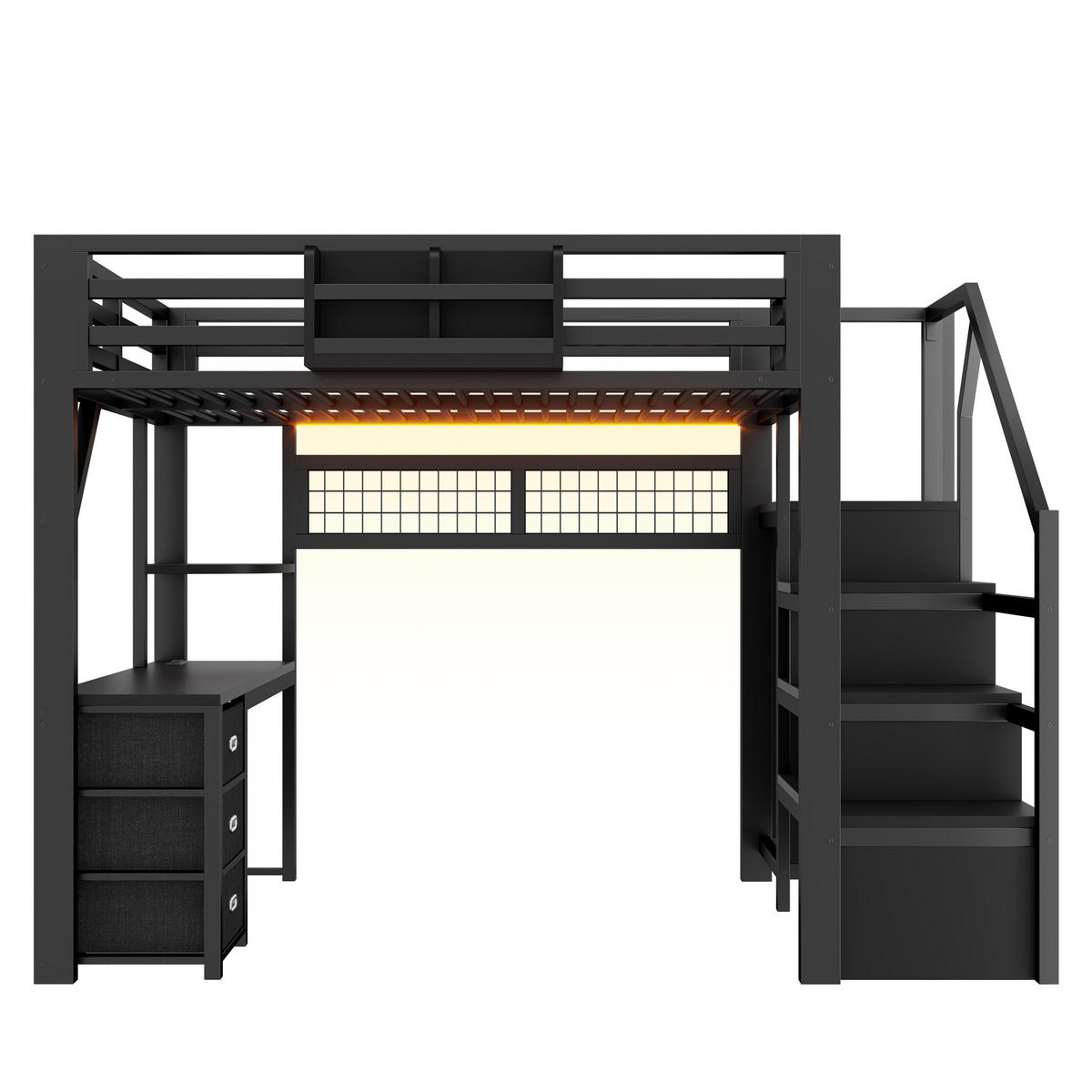 HOCHBETT 140/200 cm in Schwarz mit 3 Schubladen, Stauraum, Schrank, LED und Schreibtisch aus Metall und MDF - Schwarz, Holzwerkstoff/Metall (140/200cm) - STILVORA