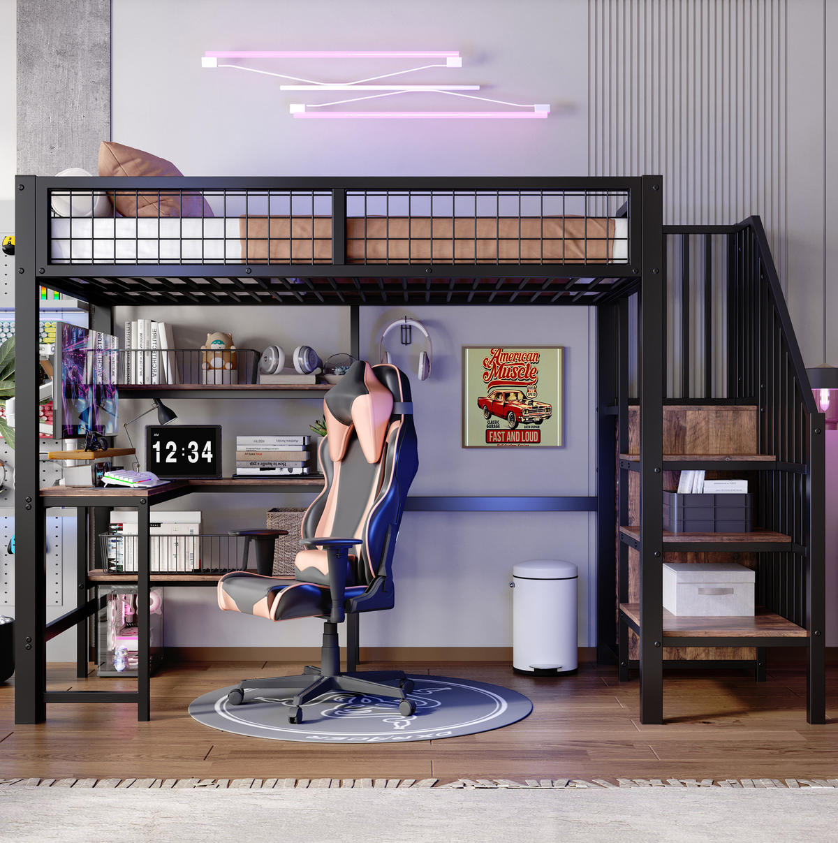 HOCHBETT aus Metall und MDF 90x200 cm Schwarz/Braun mit Schreibtisch, Regalen und Kleiderschrank - Schwarz, Holzwerkstoff (90/200cm) - Modfu