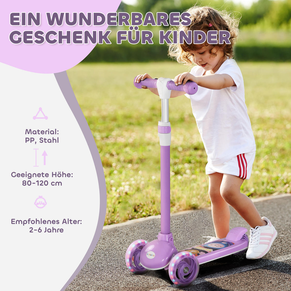 ROLLER Kinder Scooter mit LED Rädern 120 mm Rollen Aluminium-Roller klappbar - Violett, Kunststoff (52/29/76cm) - AIYAPLAY