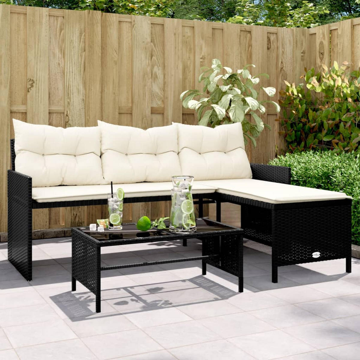GARTENSOFA In L-Form Mit Tisch Und Kissen Schwarz Poly Rattan - Schwarz, Kunststoff - vidaXL