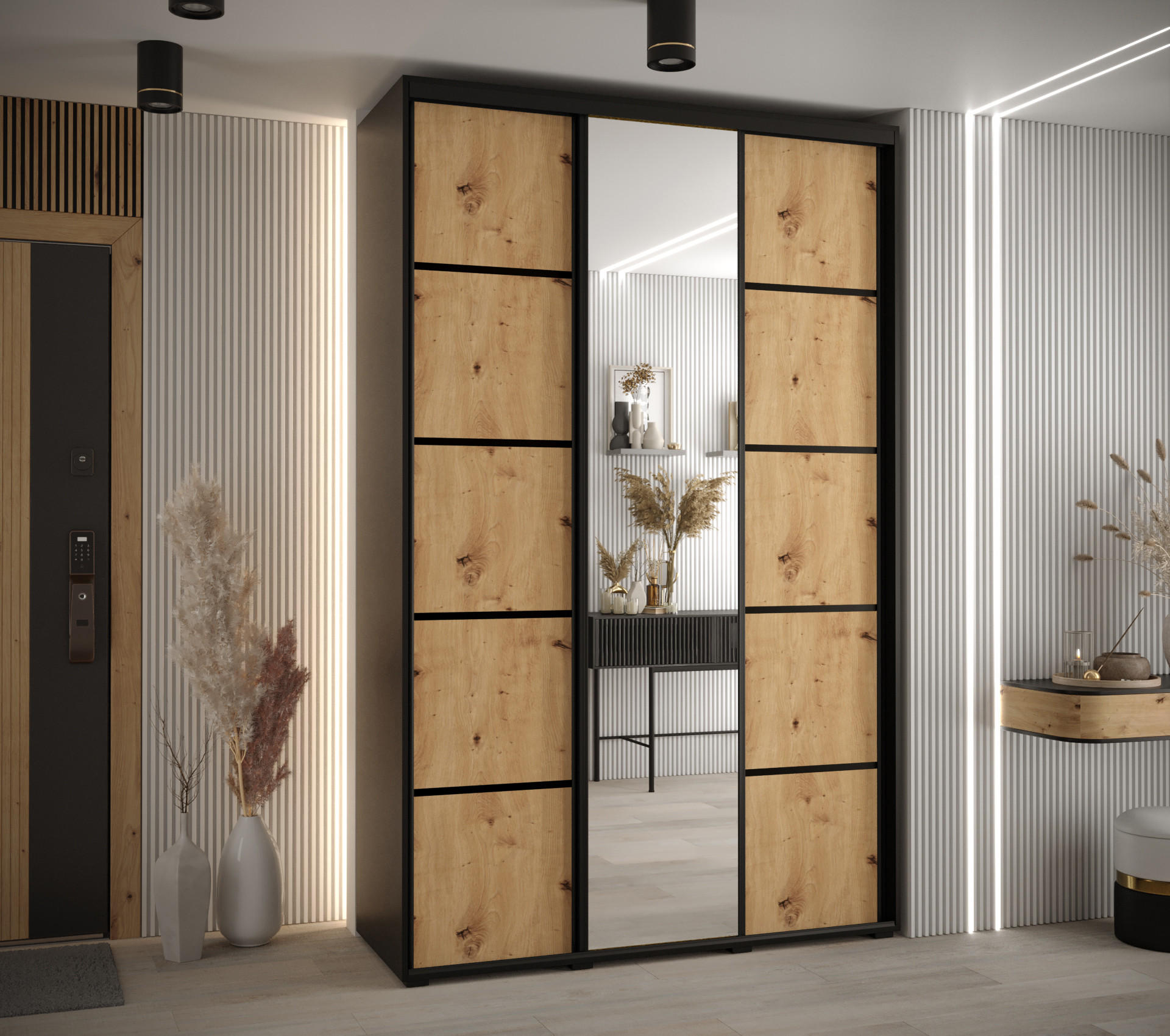 SCHWEBETÜRENSCHRANK 235,2/160/60 3-türig - Schwarz/Eiche Artisan, Holz/Metall (160/235/60cm) - Abiks Möbel