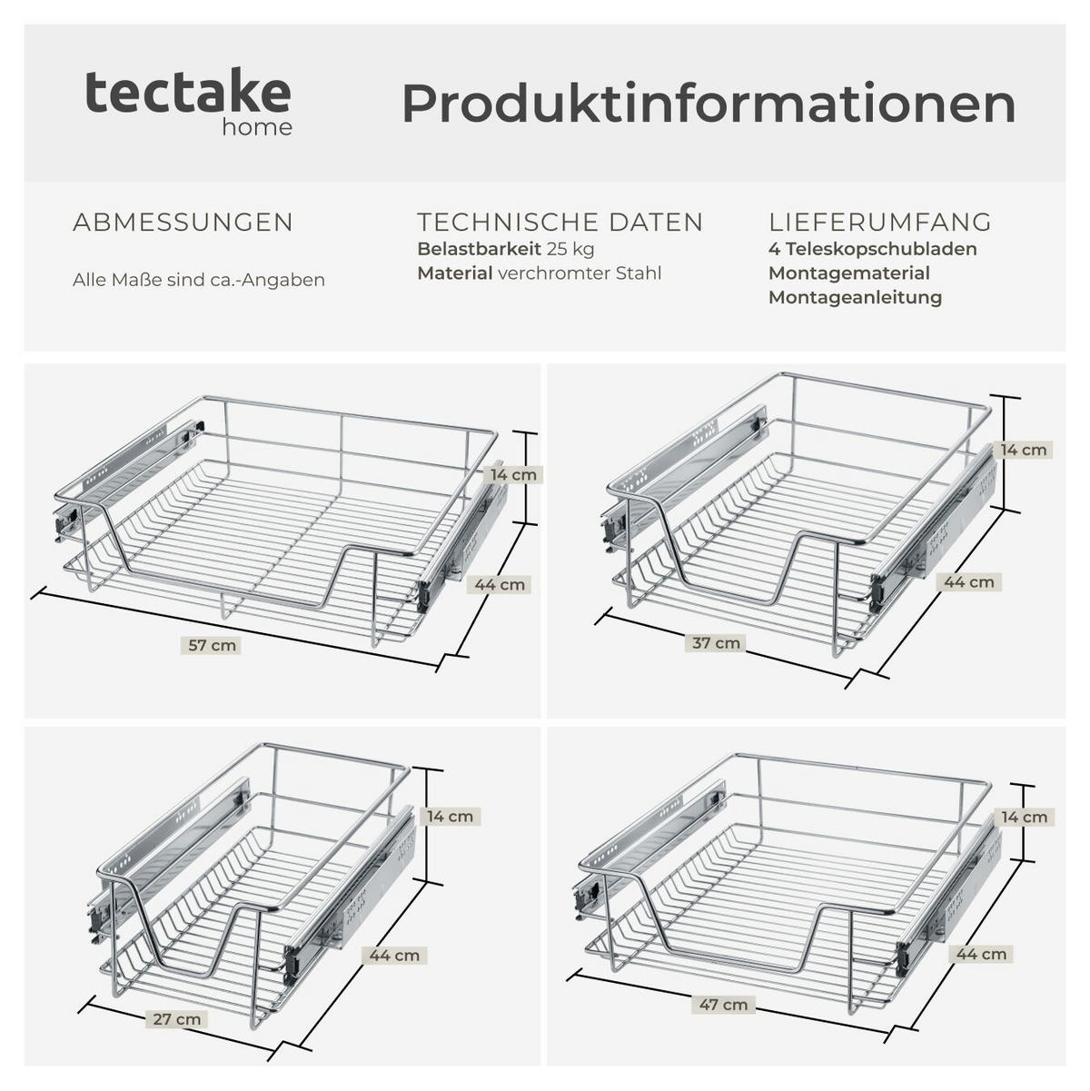 TELESKOPSCHUBLADE 4er Set, einfache Montage,grau - Grau, Metall (47/14/44cm) - tectake
