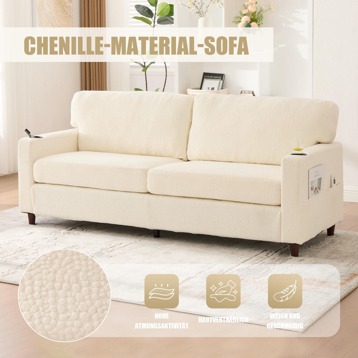 ZWEISITZER Sofa Chenille mit USB-Anschluss und LED-Licht 203/77,5/86 cm Beige - Beige, Textil (77.5/86/203cm) - Redom