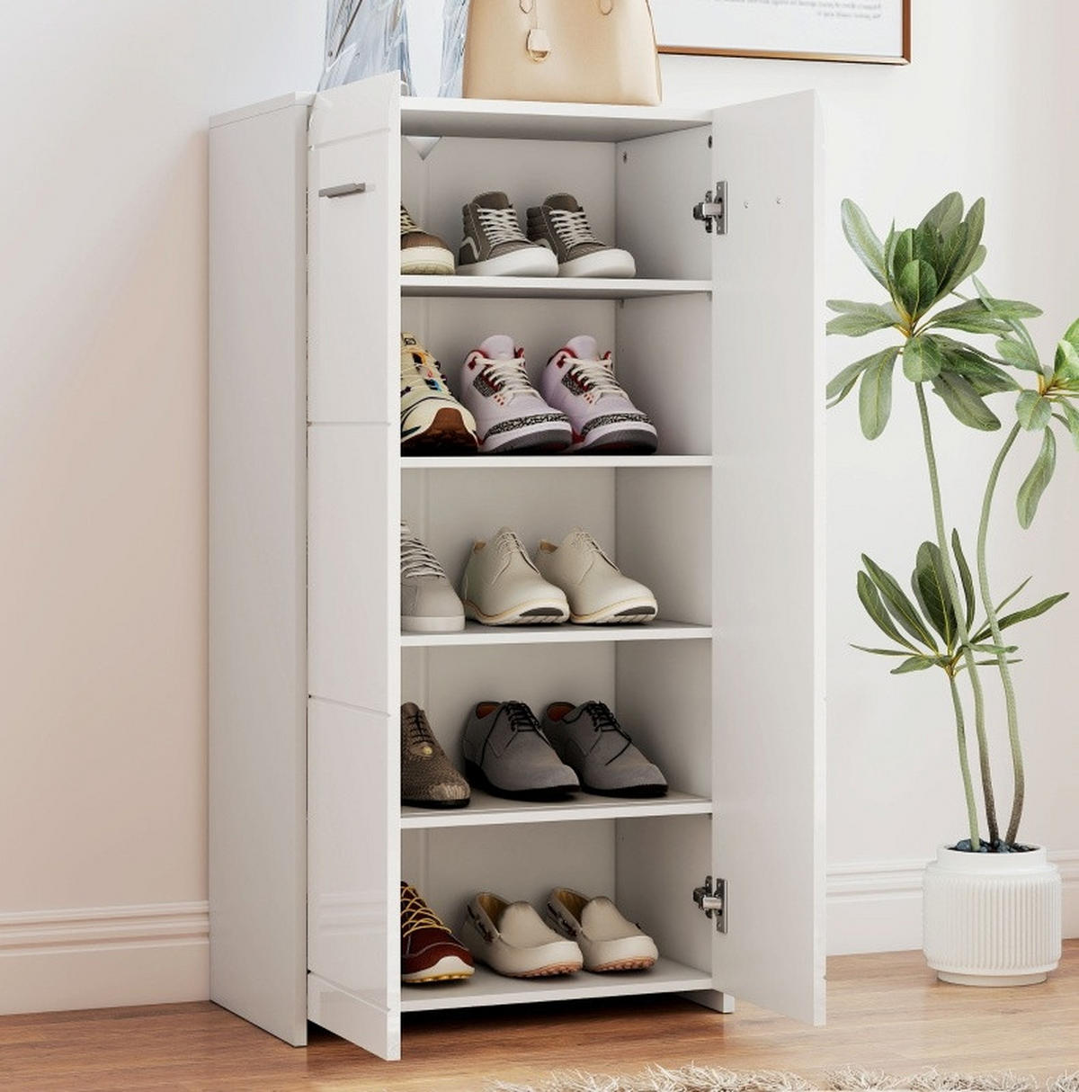 SCHUHSCHRANK 55/36/108 cm in Weiß Hochglanz mit verstellbaren Regalböden - Weiß, Holz (55/108/36cm) - Flora Grace