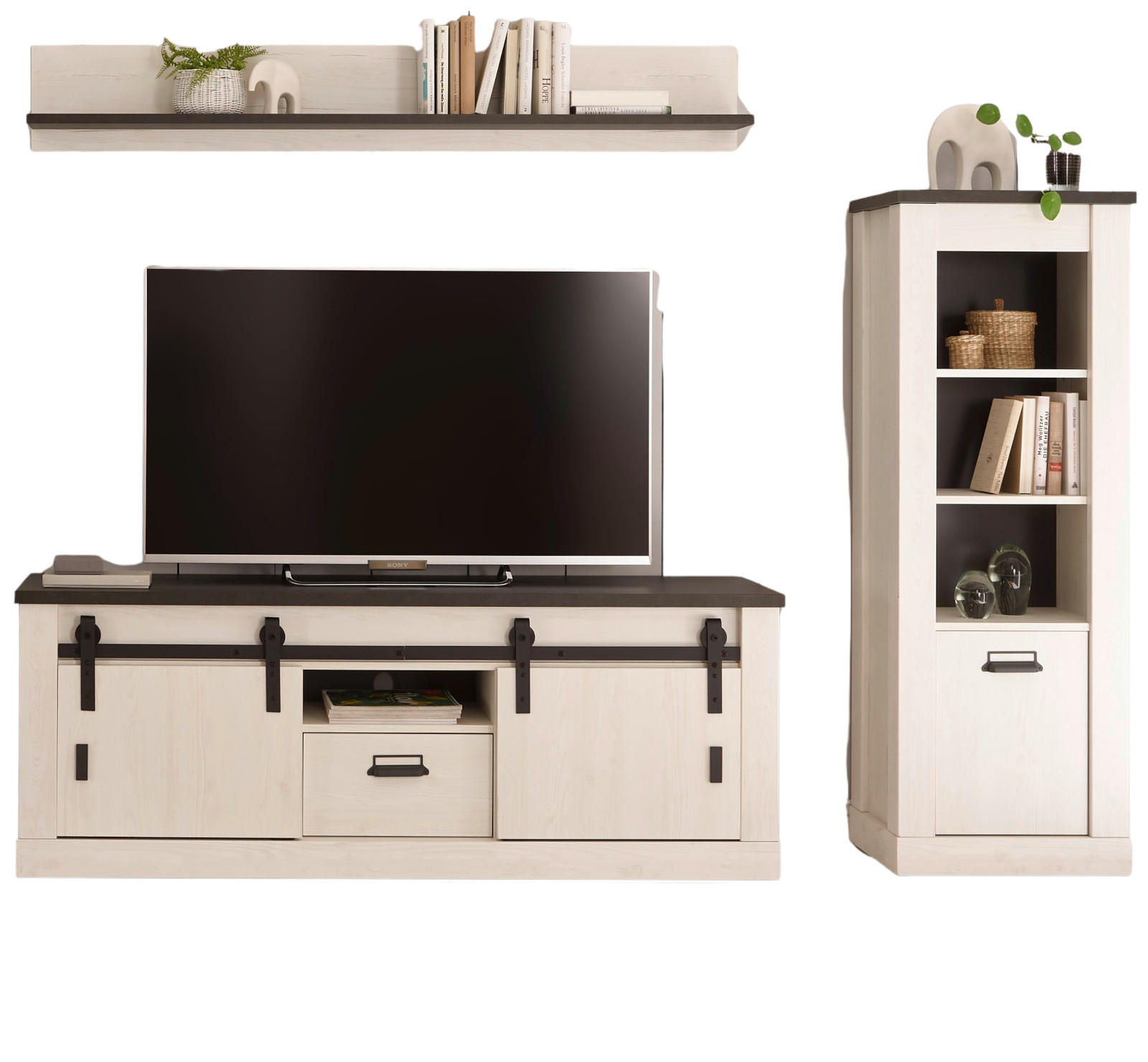 WOHNWAND weiß Pinie, anthrazit Landhaus, Wohnkombination 3-teilig 233 cm - Anthrazit/Weiß, Holzwerkstoff/Metall (233/170/43cm) - Furn.Design