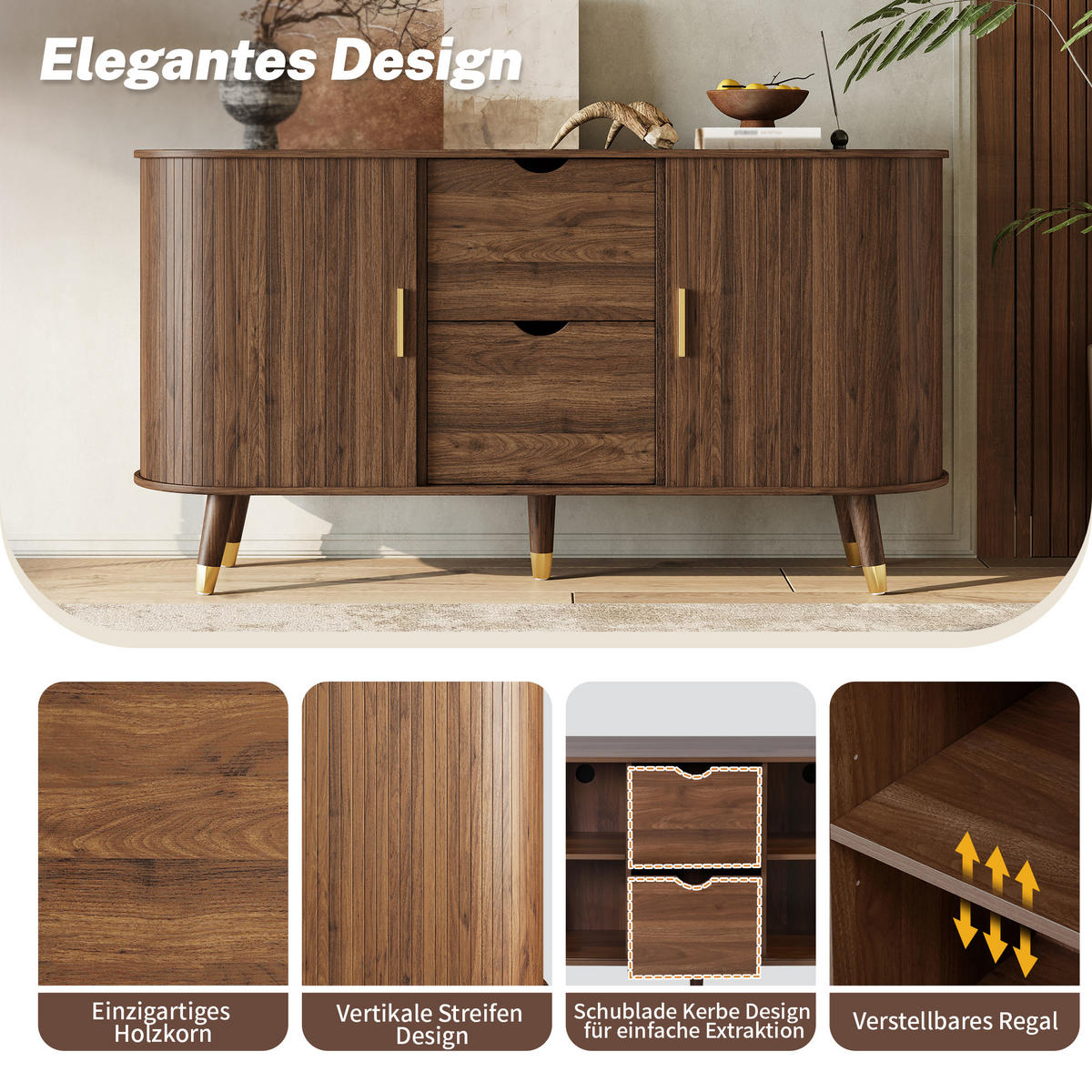 SIDEBOARD vertikale Maserung Schiebetüren 2 Schubladen modern - Walnussfarben, Holzwerkstoff (40/79.5/140cm) - FLIEKS