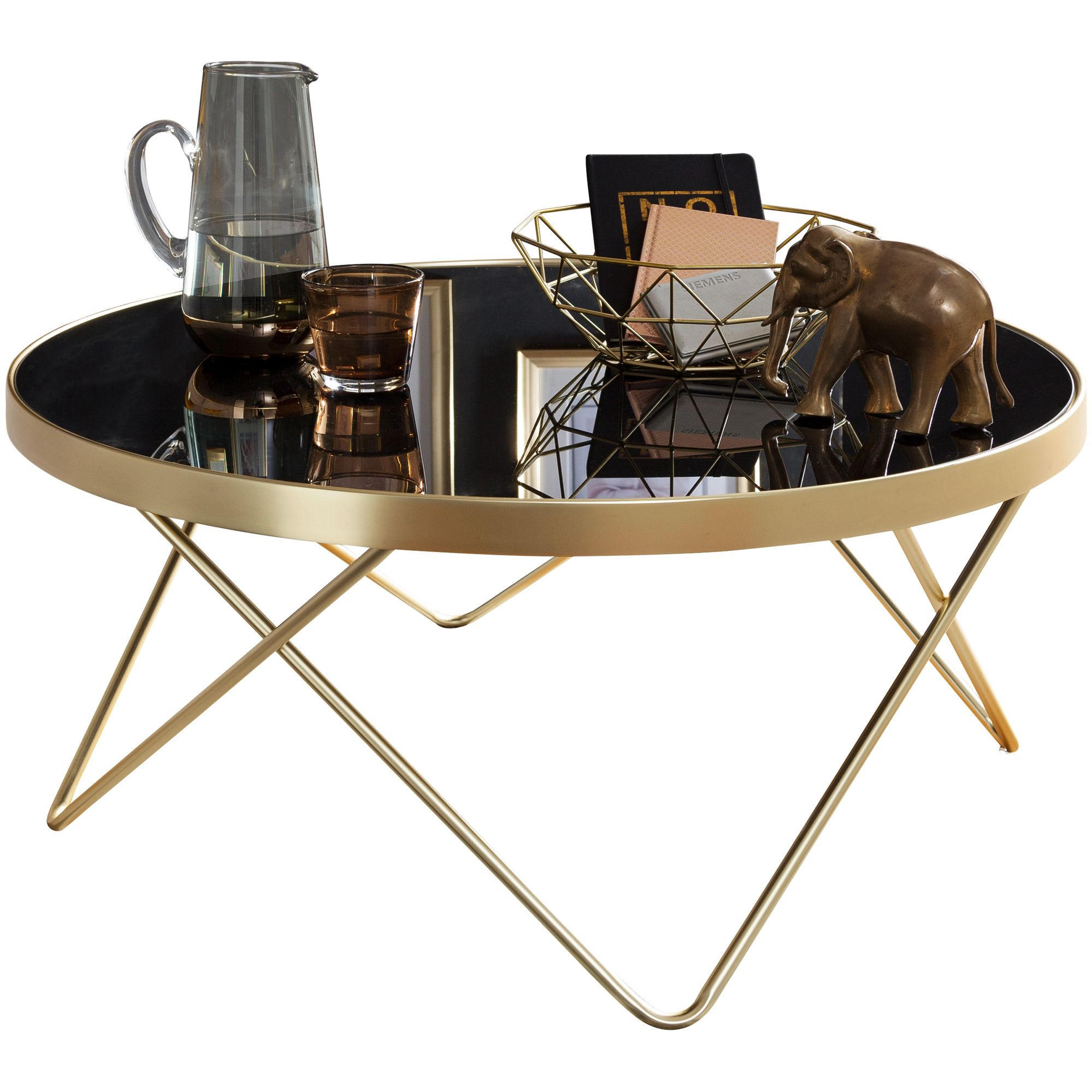 BEISTELLTISCH Schwarz Glasplatte Goldene Beine Retro-Stil 82cm Durchmesser - Goldfarben/Schwarz, Glas/Metall (82/82/39cm) - KADIMA DESIGN