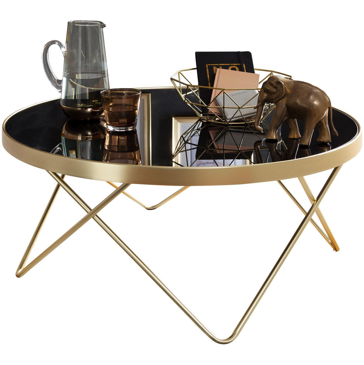 BEISTELLTISCH Schwarz Glasplatte Goldene Beine Retro-Stil 82cm Durchmesser - Goldfarben/Schwarz, Glas/Metall (82/82/39cm) - KADIMA DESIGN