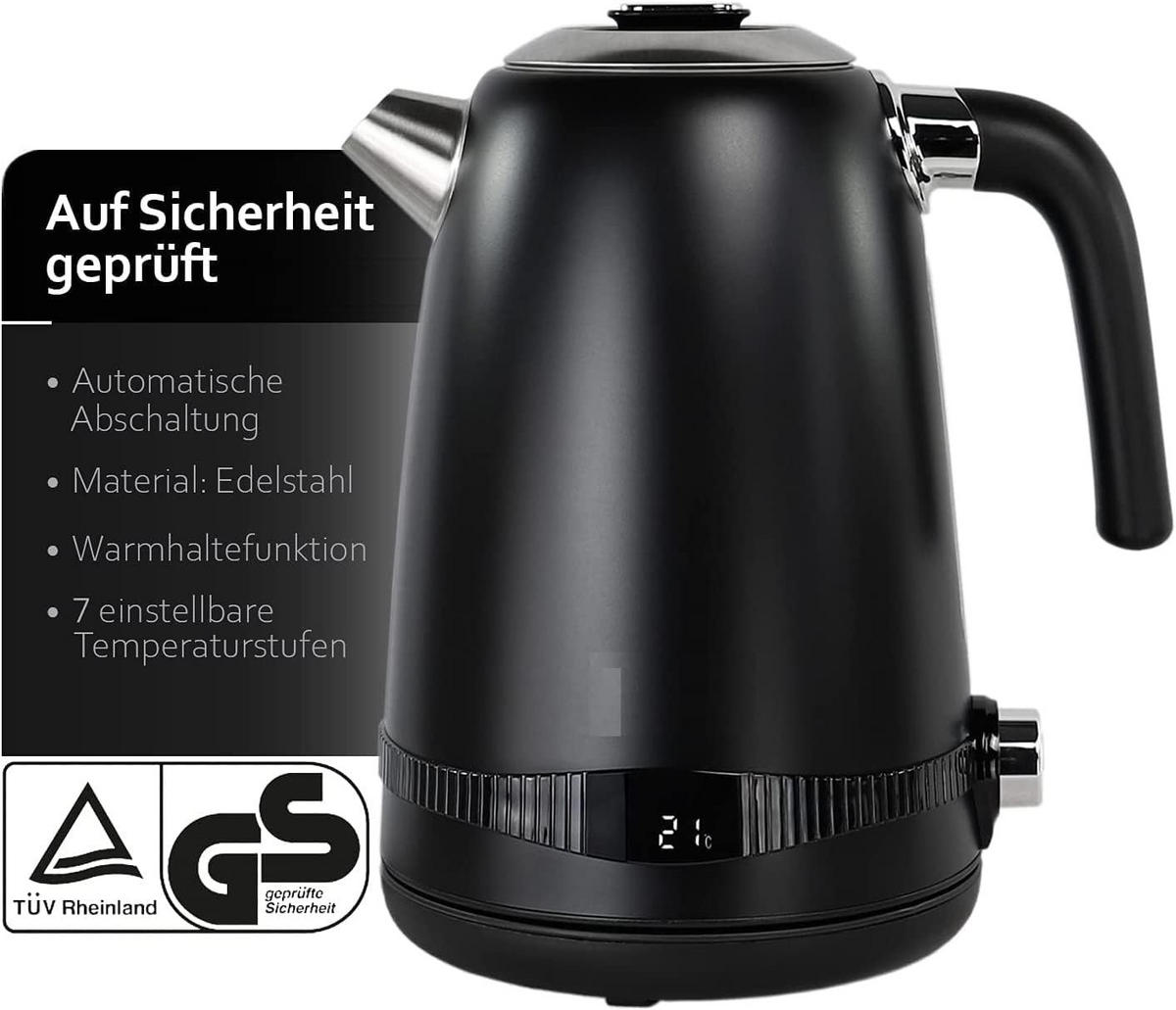 WASSERKOCHER – ADLER AD1295S – Edelstahl 2200 W, 1,7 L, Temperaturregelung 40-100°C, LCD Display, Temperaturhaltefunktion, BPA-frei, Antikalk-Filter - Schwarz, Glas/Kunststoff (26/20/26cm) - Adler