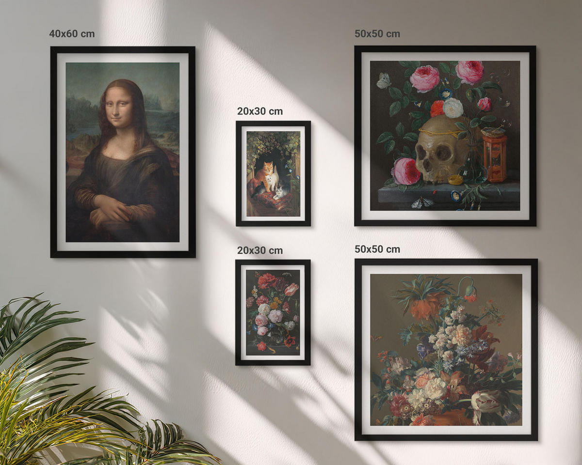BILDER SET 5er Set - 50x50 cm & 20x30 cm & 40x60 cm Schwarzer Rahmen - Vintage Blumen Totenkopf Mona Lisa - Schwarz, Kunststoff (40/60cm) - TULUP