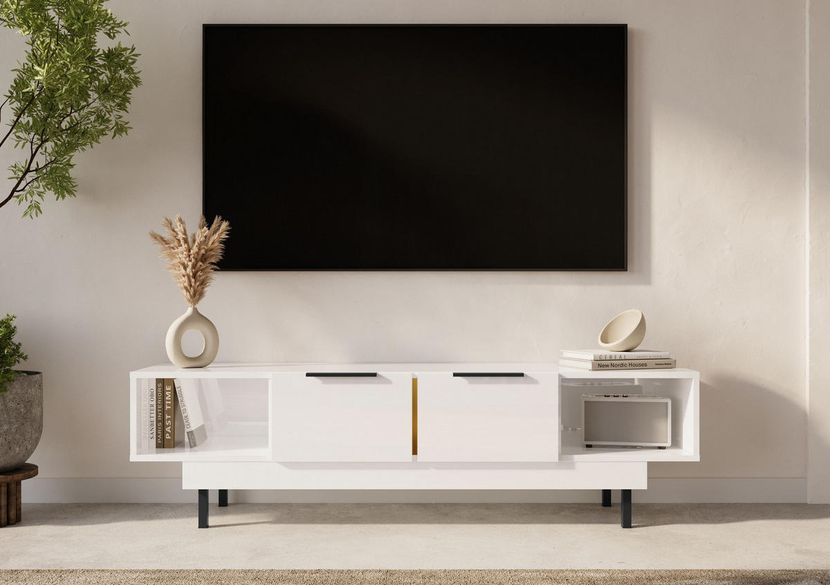 LOWBOARD Artemisa Weiß, goldener Akzent, Hochglanz - Schwarz Hochglanz/Weiß, Holzwerkstoff/Metall (163/46/42cm) - Dancan