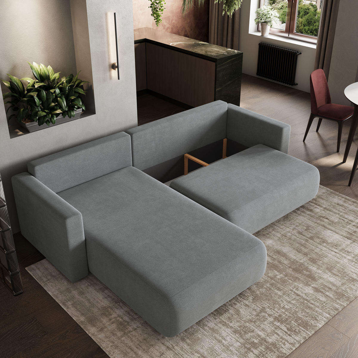 ECKSOFA TURIN Grau Geflochtener Stoff mit Schlaffunktion - Grau, Holz (265/183cm) - MASSENO