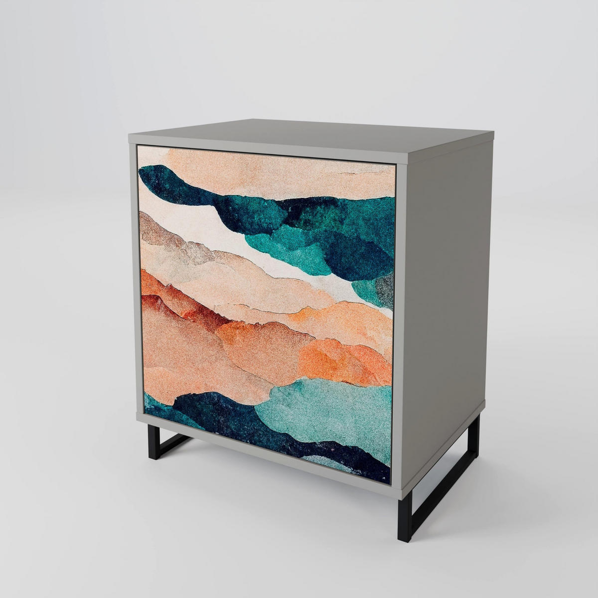SIDEBOARD ABSTRACT LANDSCAPE, Grau, 57,5x42x72,5 cm, Schwarze Metallfüße - Multicolor/Schwarz, Holzwerkstoff/Metall (57.5/72.5/42cm) - SpaceRebels