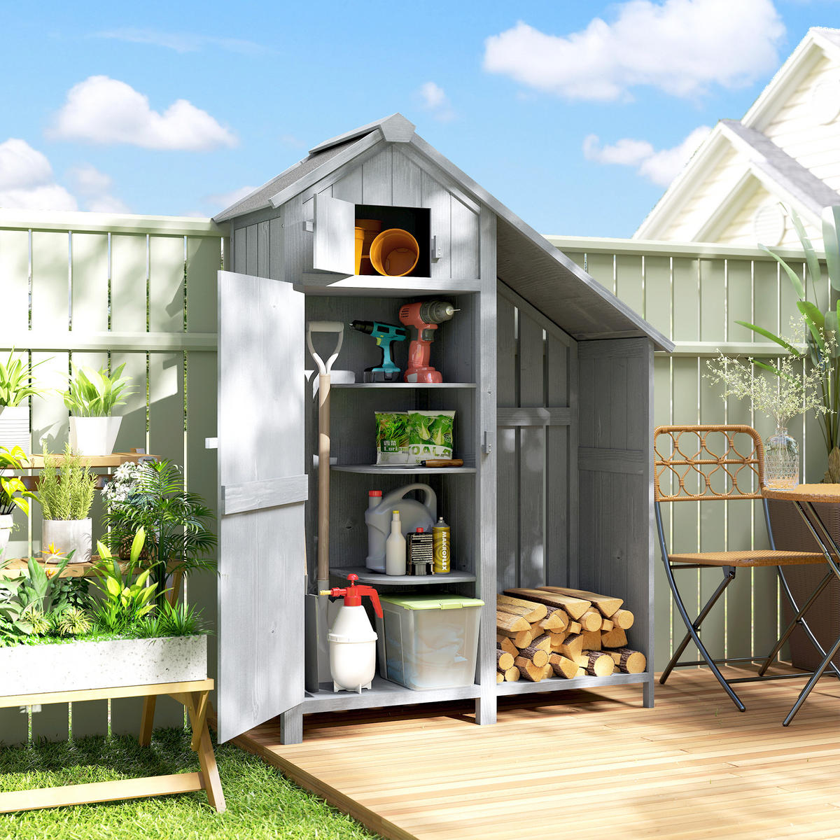 GARTENSCHRANK Holz Outdoor wetterfest Geräteschuppen mit Asphaltdach Grau - Grau, Holz (51.5/180/129cm) - Outsunny
