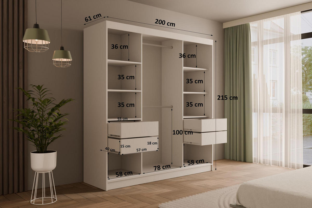 KLEIDERSCHRANK mit Spiegel V2-LINEA 215x200 cm Weiß - Weiß, Holzwerkstoff (200/215/61cm) - ALTDECOR