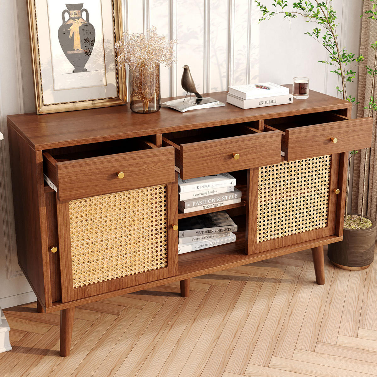SIDEBOARD 120/40/78 cm mit 3 Schubladen & 3 Schiebetüren in Walnuss - Eichefarben, Holzwerkstoff (120/78/40cm) - BEAOK