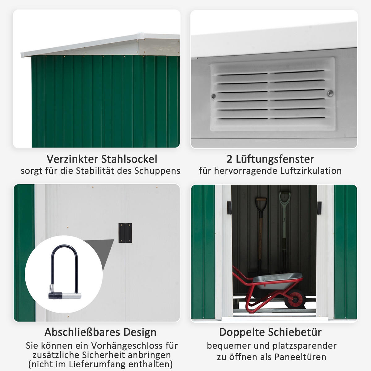 GERÄTEHAUS 280/130/172 cm Dunkelgrün mit Schiebetür und Lüftungsfenster - Dunkelgrün, Metall (130/172/280cm) - Oxeza