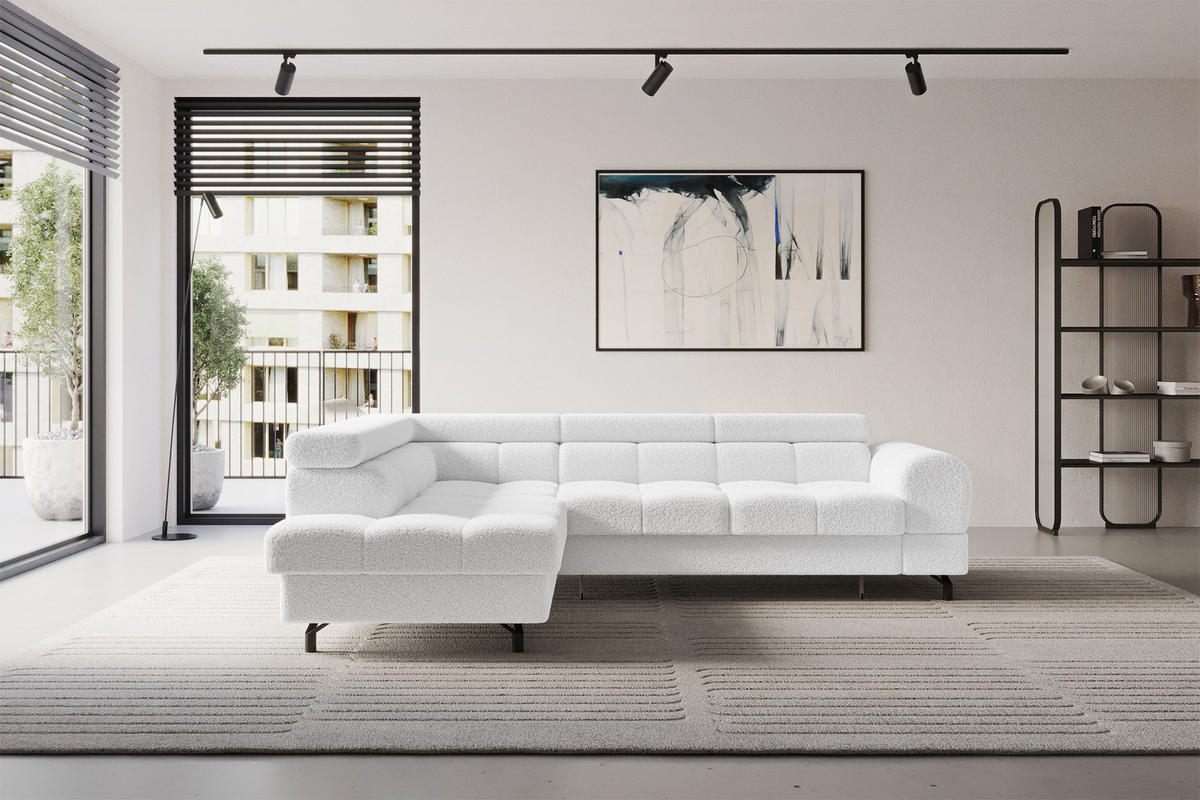 ECKSOFA mit Schlaffunktion Ottomane Links LUMA-L 272x203x70 Weiß Bouclé - Schwarz/Weiß, Holzwerkstoff/Kunststoff (272/203cm) - ALTDECOR