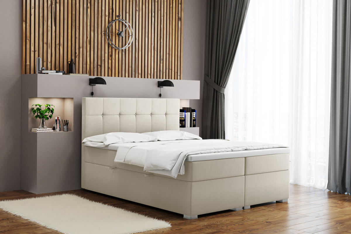 BOXBETT Mit Matratze Und Bettkasten LINDT Stoff Velvet 200x200 cm Ecru H2-Pocket - Ecru, Holz/Holzwerkstoff (200/200cm) - Kaiser Möbel
