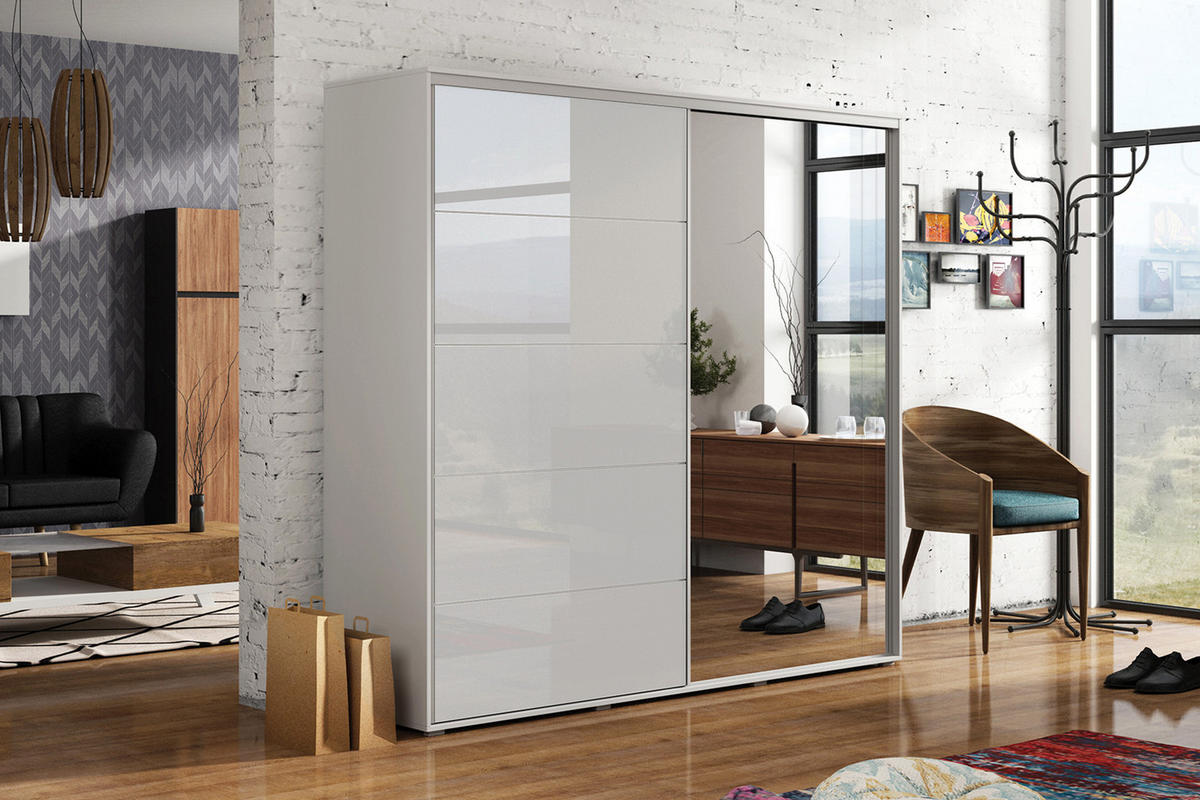 SCHIEBETÜRENSCHRANK A11 mit Spiegel & Glastür - Weiß - 200x62x245 - Weiß, Holzwerkstoff (200/245/62cm) - BM-Möbel