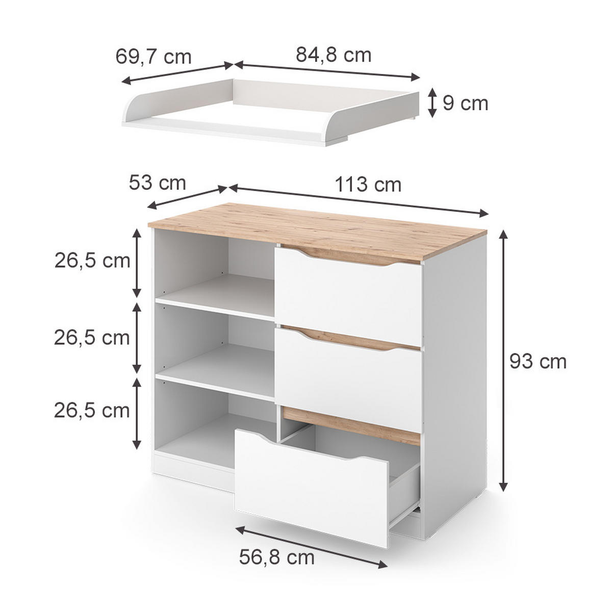 WICKELKOMMODE Ruben, Weiß/Artisan-Eiche, 113 x 93 cm mit 3 Schubladen - Weiß/Eiche Artisan, Holzwerkstoff (113/93/53cm) - Vicco
