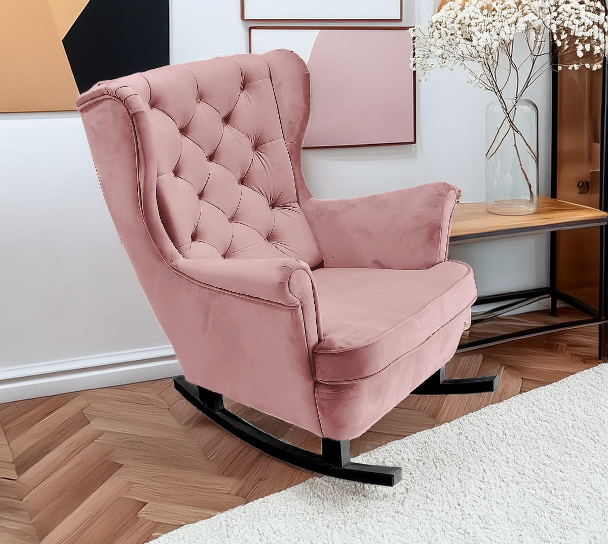 SCHAUKELSESSEL mit gepolstertem Sitz und Armlehnen, 102x81x95 cm, Pink_29838 - Schwarz/Altrosa, Holz/Textil (81/102/95cm) - DomoHome