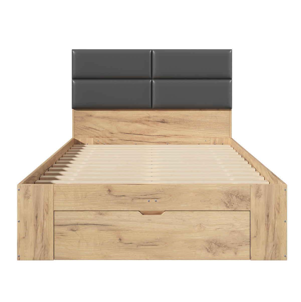 STAURAUMBETT aus MDF 140x200 cm Natur mit Schubladen, Nachtlicht, USB- und USB-C-Anschlüssen - Eichefarben, Holzwerkstoff (140/200cm) - Modfu