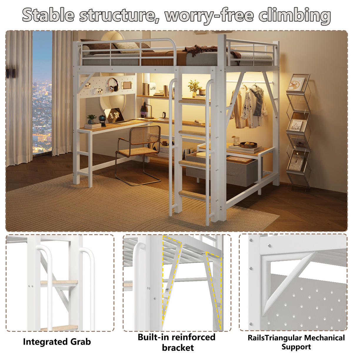 HOCHBETT 140x200cm, Eisen, Lochwand, Regale, Schubladen, Schreibtisch, USB, LED, Geländer, ohne Matratze, Weiß - Weiß, Holzwerkstoff (140/200cm)