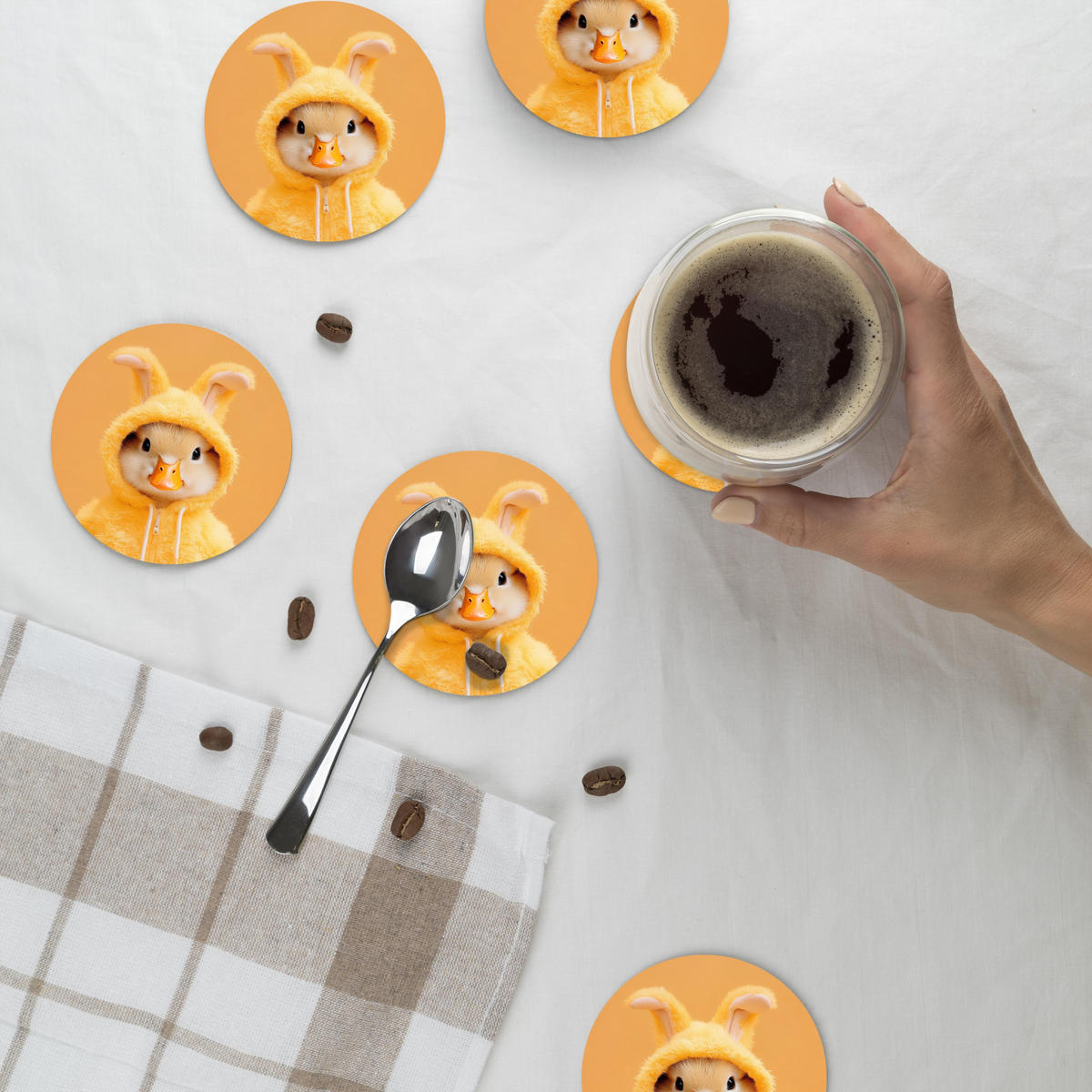 GLASUNTERSETZER Osterhase - Kostüm - Ente 10x10 cm - Gelb, Naturmaterialien (10/0.2cm) - MuchoWow