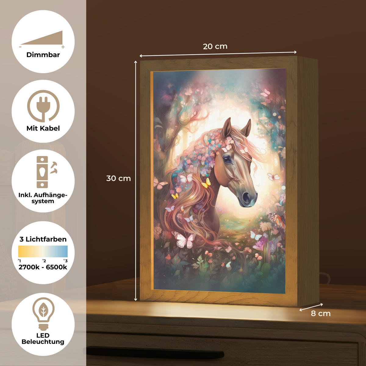 NÁSTĚNNÁ LAMPA Kůň - Příroda - Květiny - Motýli - Les 20x30 cm - tmavě hnědá, kompozitní dřevo (20/30/8cm) - OnlyWow