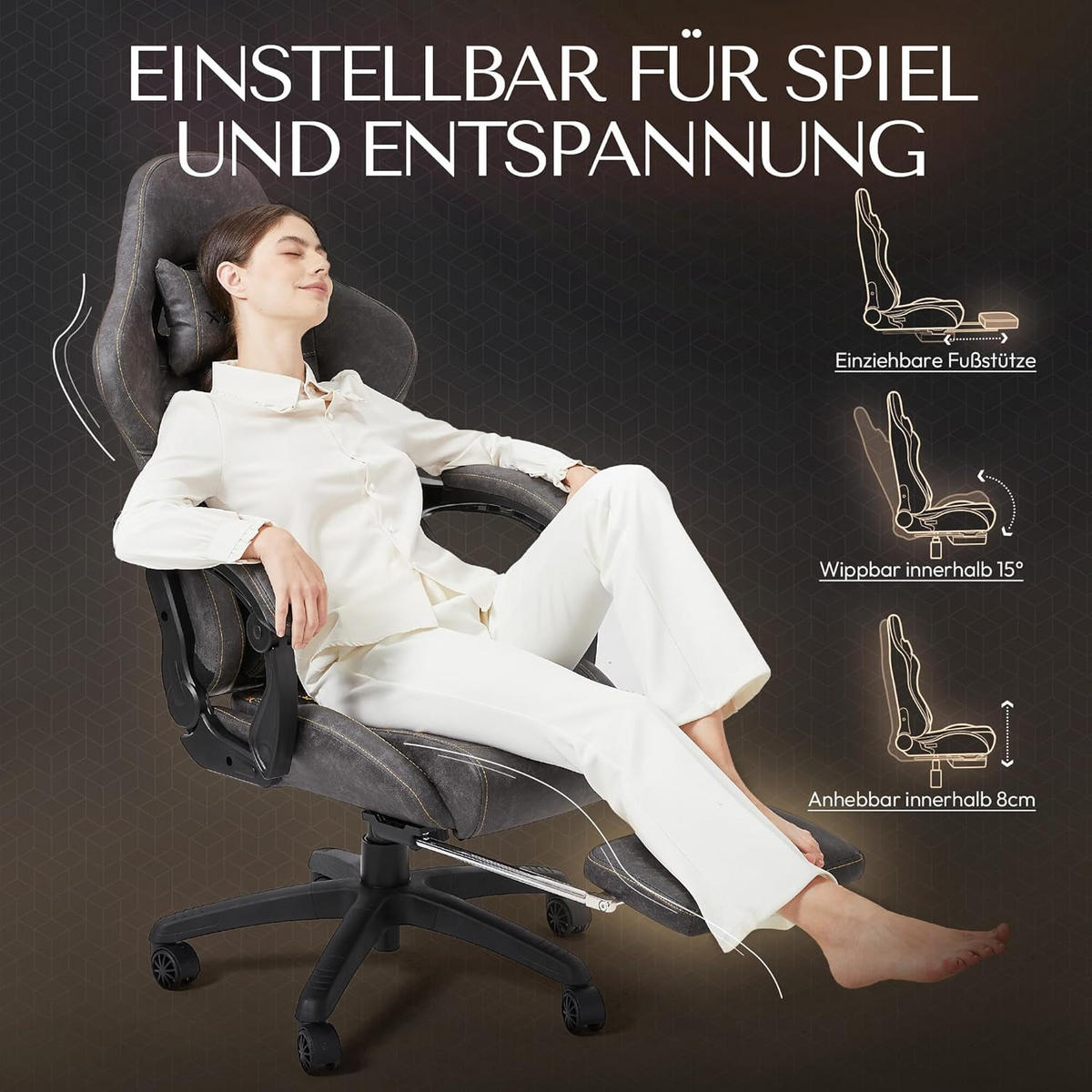 GAMING-STUHL Ergonomisch Verstellbarer 90°-170° Für Homeoffice/Gaming - Grau, Leder (60/115/60cm)