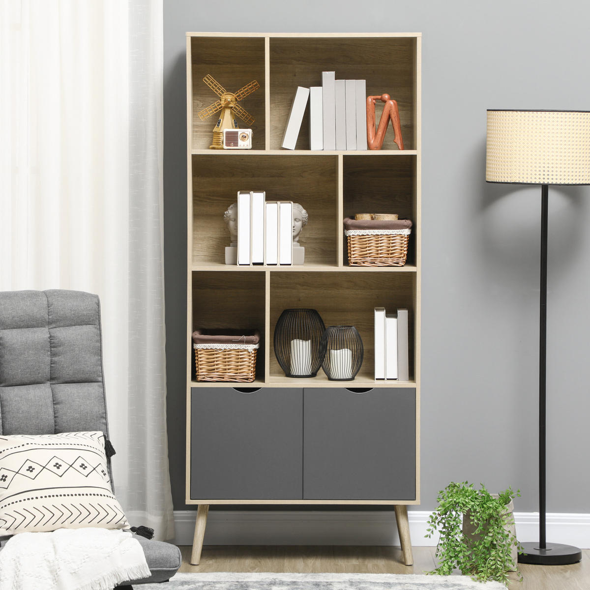 REGAL DE-15490 80/35/180 cm, 6 Ebenen + 1 Tür Natur/Dunkelgrau - Naturfarben, Holzwerkstoff (80/180/35cm) - ComfortXL