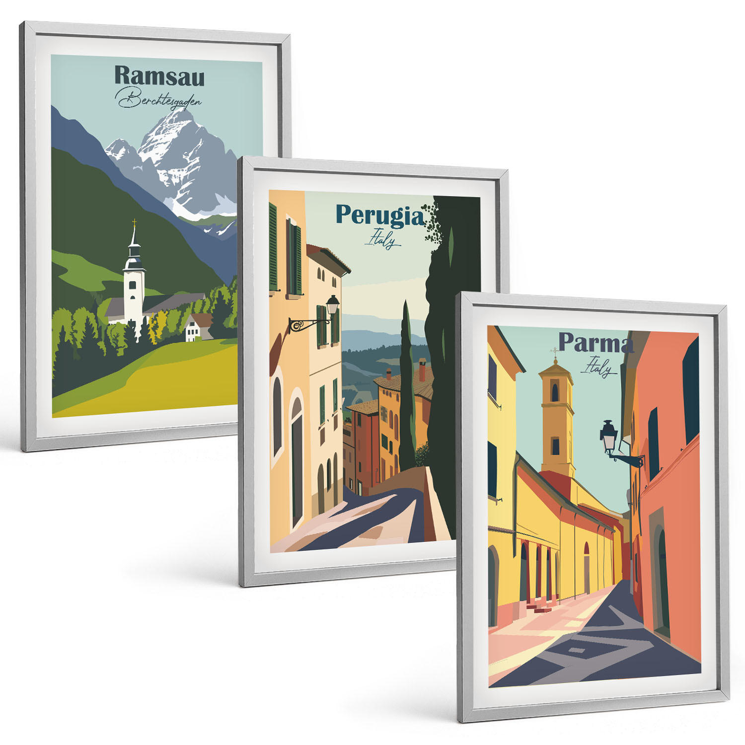 BILDER SET 3er Set - 40x60 cm Silberner Rahmen - Berglandschaften und Italien - Silberfarben, Kunststoff (40/60cm) - TULUP