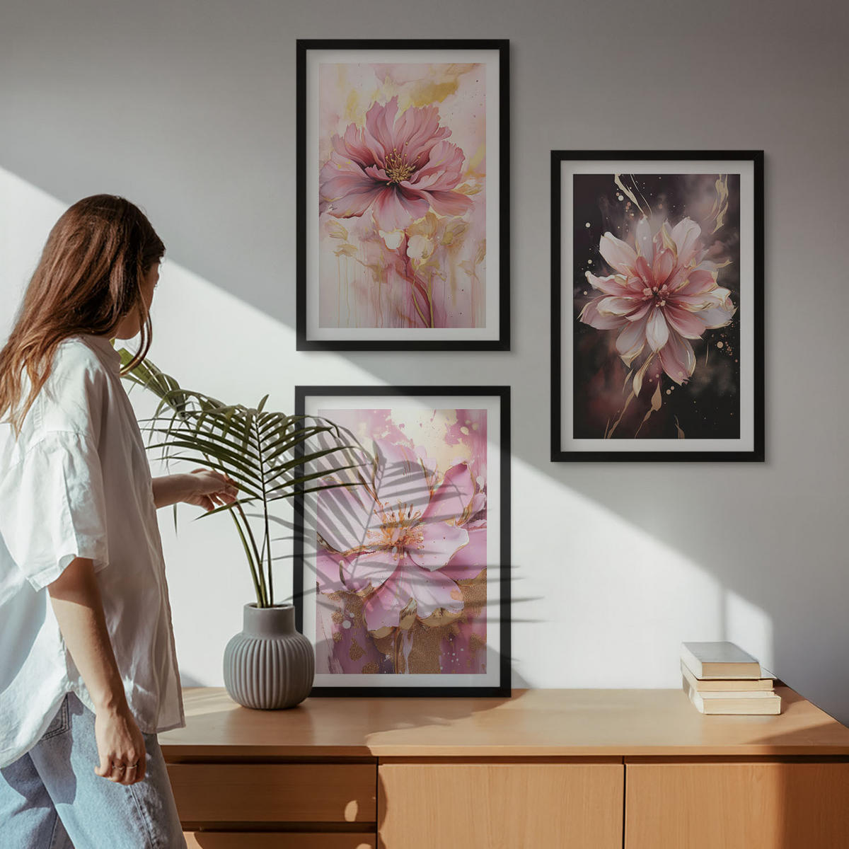 WANDBILDER 3er-Set - 40x60 cm Schwarzer Rahmen - Blumenkompositionen aus Rosen und Weiß - Schwarz, Kunststoff (40/60cm) - ArtPrintCave